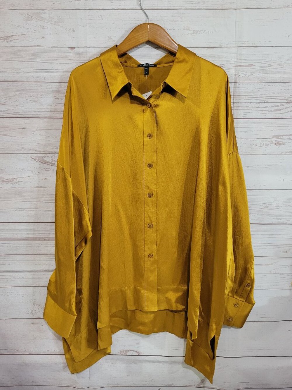 Eileen Fisher Hammered Silk Satin Button Up Top Womens Large Golden 100% Silk